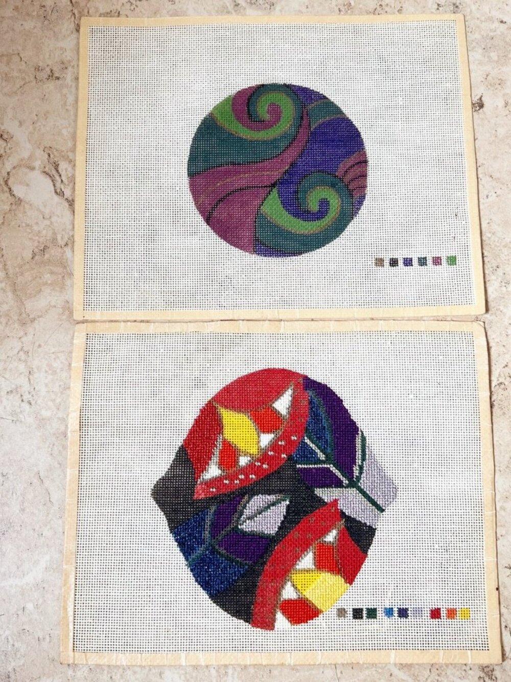 Two Abstract HandPainted Needlepoint Canvas Ornaments 18 Mesh 1 Partially Worked